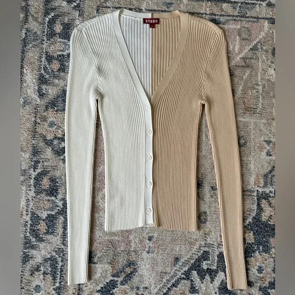 Staud Cargo Colorblock Ribbed Cardigan V Neck Stretchy Sweater Size Small - Picture 4 of 10